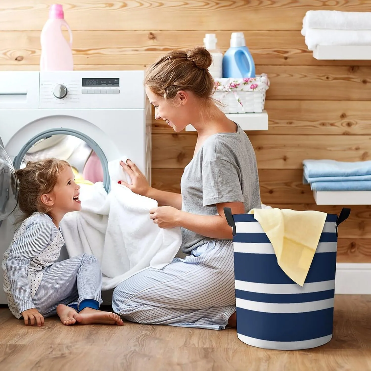 Large Laundry Hamper Bag, Navy Blue and White Stripe Collapsible Laundry Basket Waterproof Dirty Clothes Organizer Containers for College Dorms