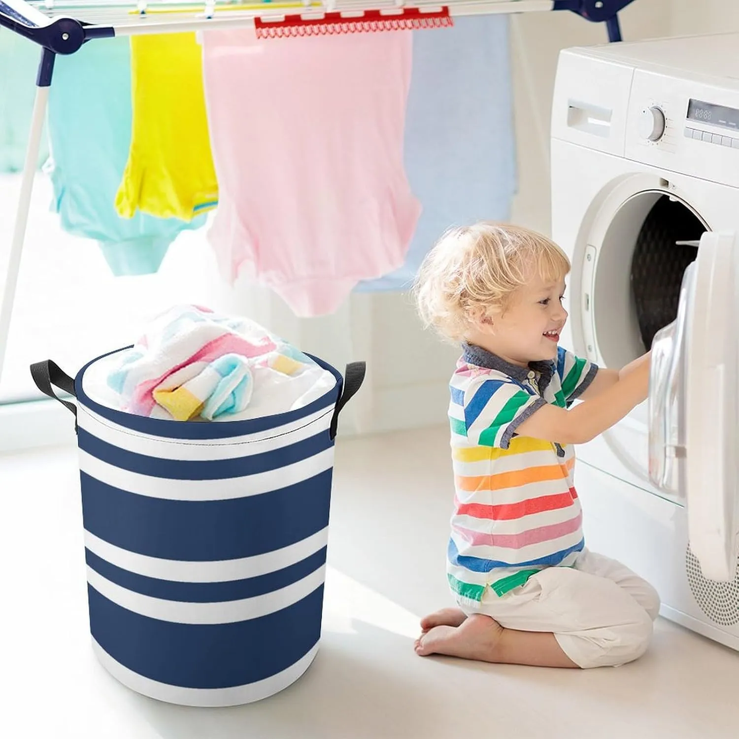 Large Laundry Hamper Bag, Navy Blue and White Stripe Collapsible Laundry Basket Waterproof Dirty Clothes Organizer Containers for College Dorms