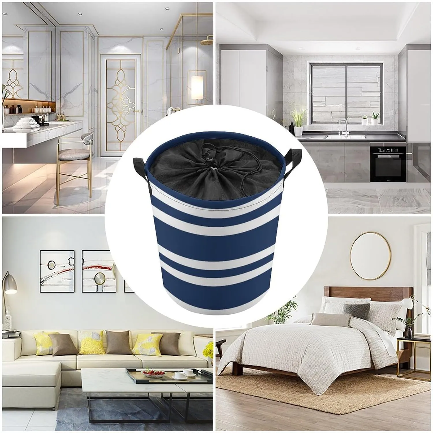Large Laundry Hamper Bag, Navy Blue and White Stripe Collapsible Laundry Basket Waterproof Dirty Clothes Organizer Containers for College Dorms