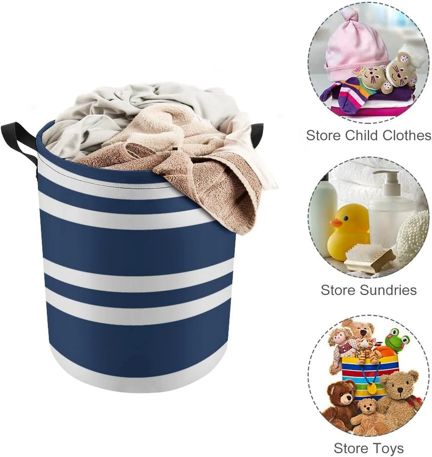 Large Laundry Hamper Bag, Navy Blue and White Stripe Collapsible Laundry Basket Waterproof Dirty Clothes Organizer Containers for College Dorms