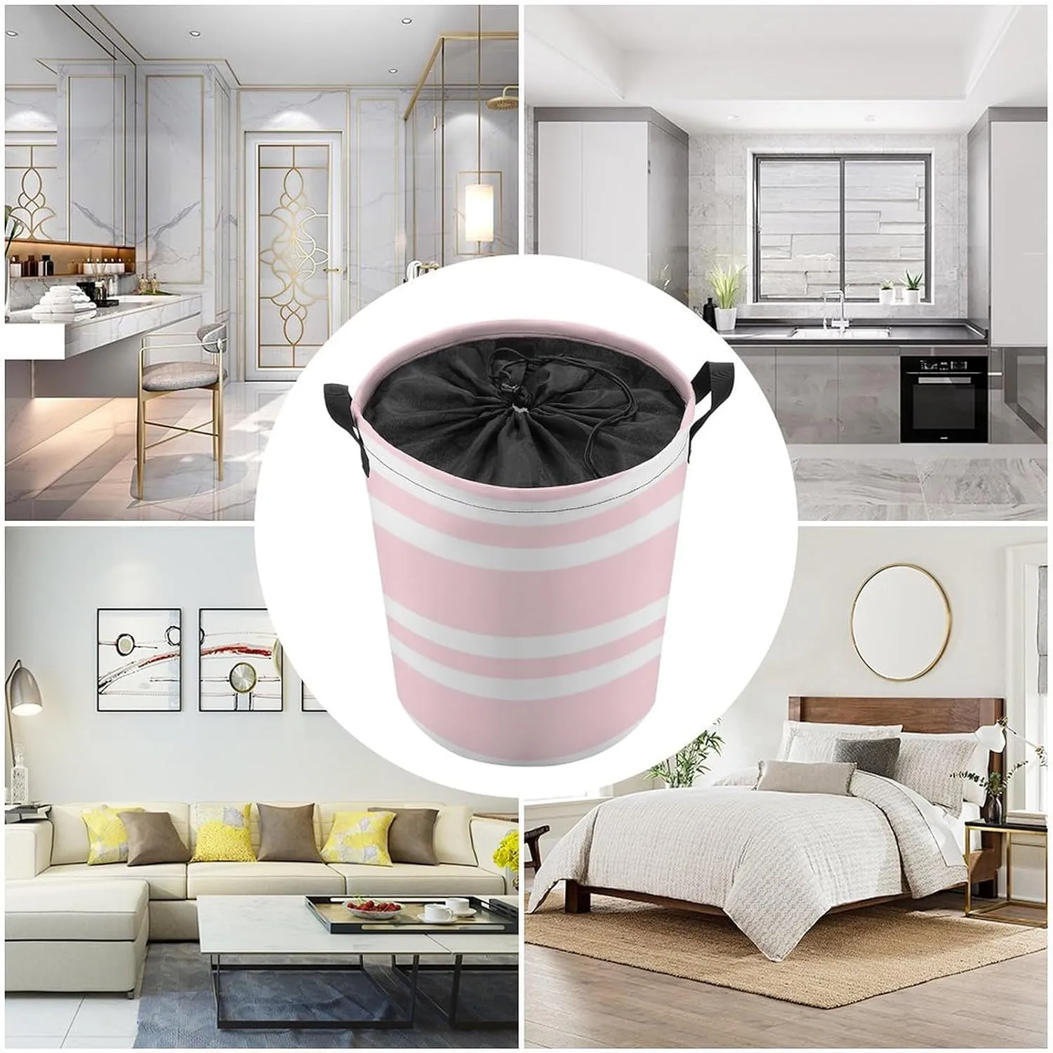 Large Laundry Hamper Bag, Pale Pink and White Striped Collapsible Laundry Basket Waterproof Dirty Clothes Organizer Containers for College Dorms