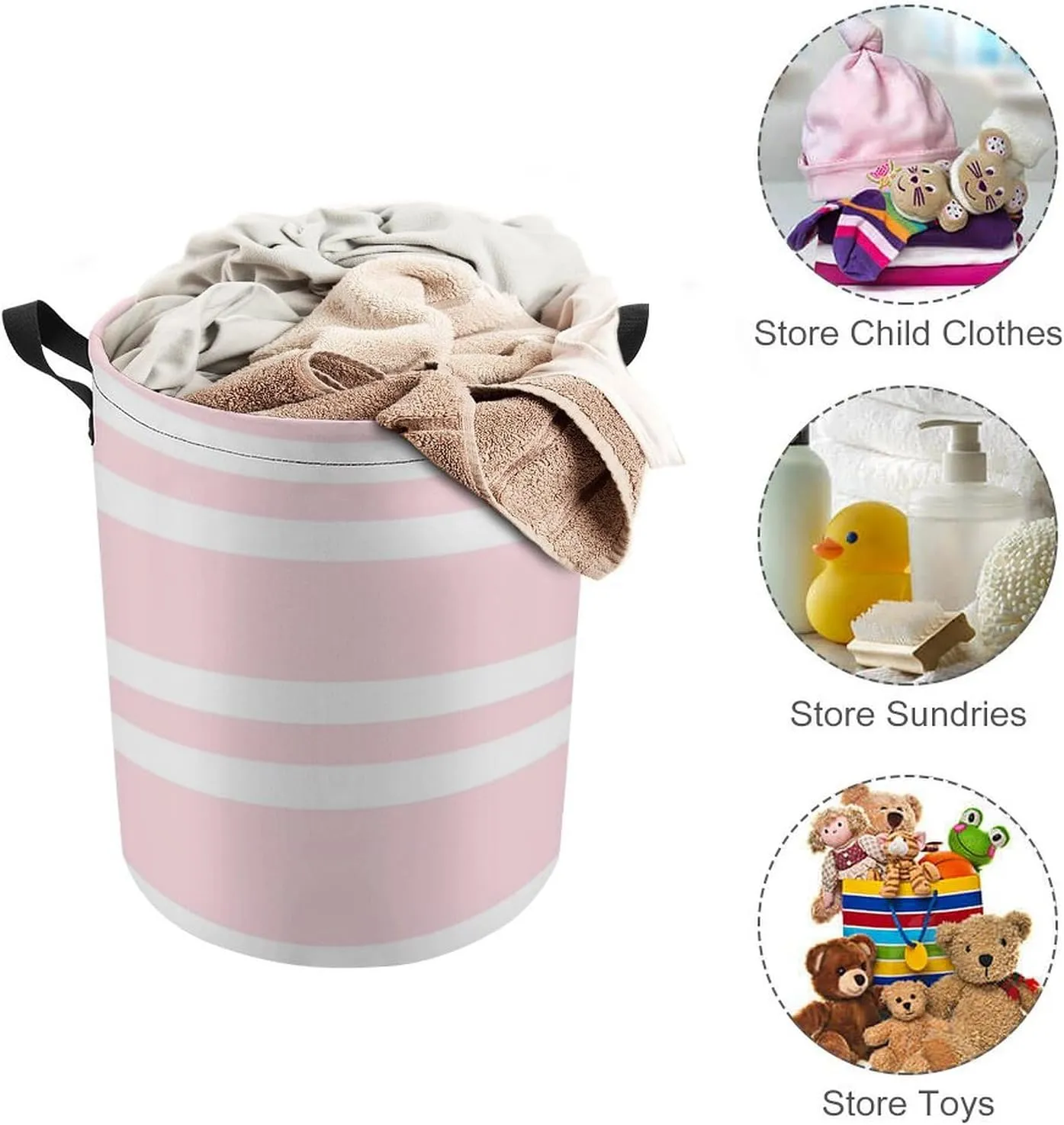 Large Laundry Hamper Bag, Pale Pink and White Striped Collapsible Laundry Basket Waterproof Dirty Clothes Organizer Containers for College Dorms