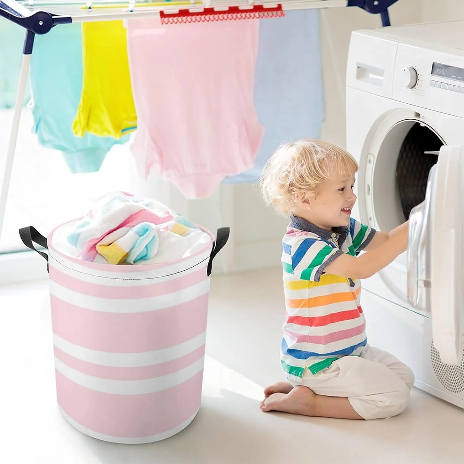 Large Laundry Hamper Bag, Pale Pink and White Striped Collapsible Laundry Basket Waterproof Dirty Clothes Organizer Containers for College Dorms