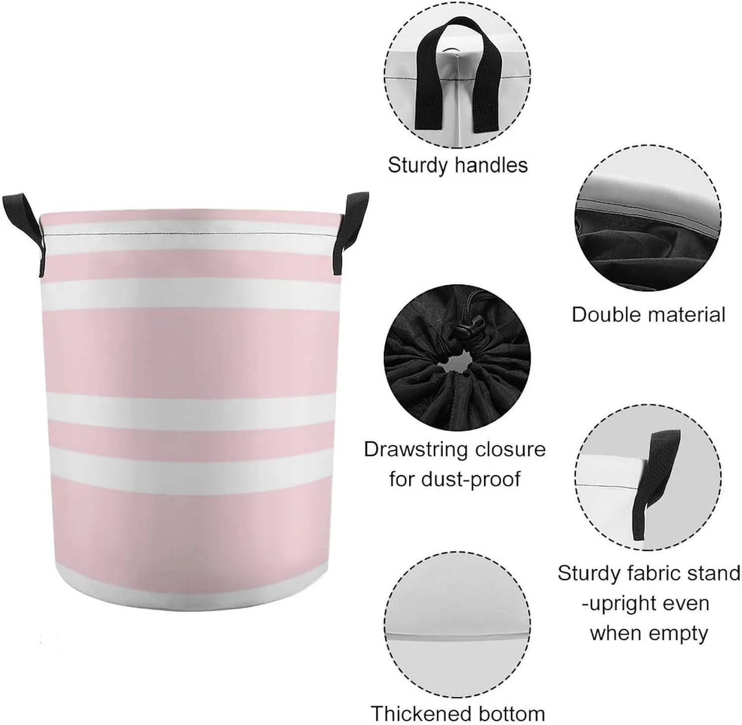 Large Laundry Hamper Bag, Pale Pink and White Striped Collapsible Laundry Basket Waterproof Dirty Clothes Organizer Containers for College Dorms