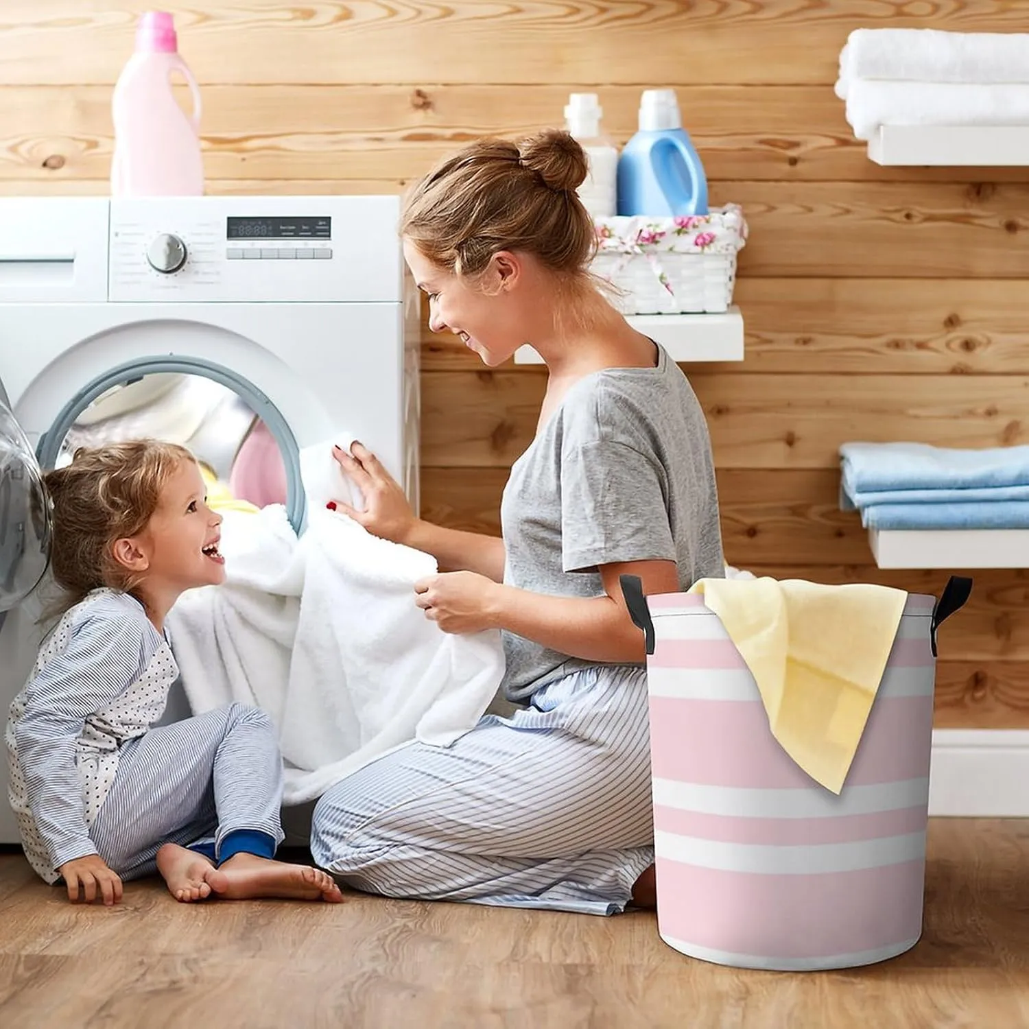 Large Laundry Hamper Bag, Pale Pink and White Striped Collapsible Laundry Basket Waterproof Dirty Clothes Organizer Containers for College Dorms