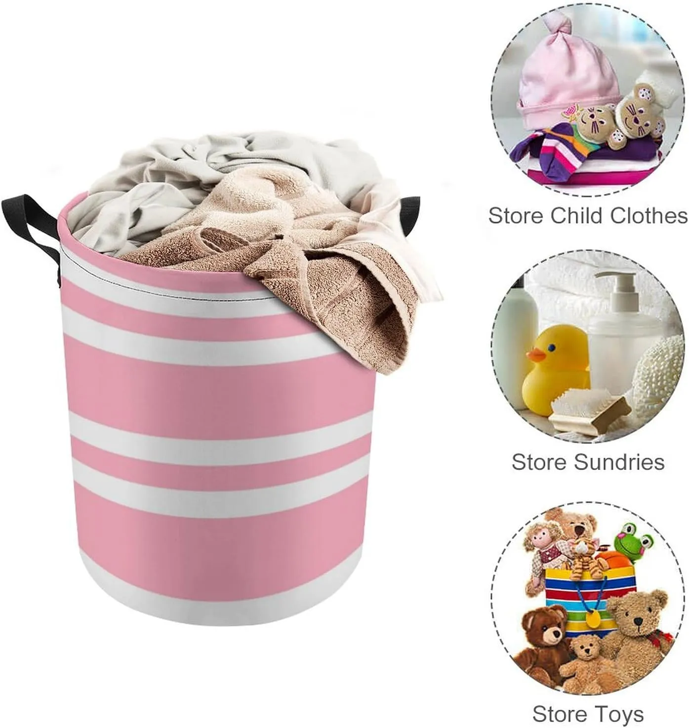 Large Laundry Hamper Bag, Rose Pink and White Stripes Collapsible Laundry Basket Waterproof Dirty Clothes Organizer Containers for College Dorms