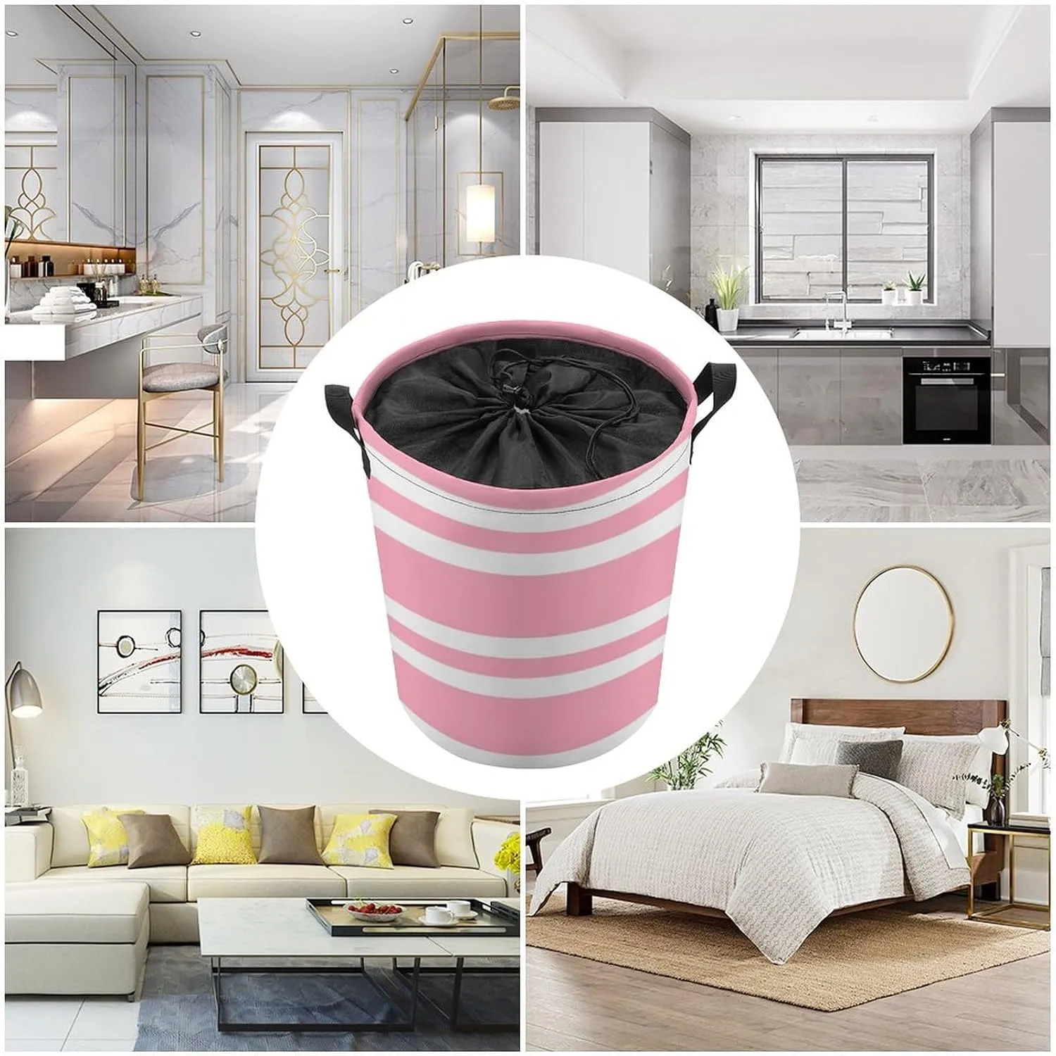 Large Laundry Hamper Bag, Rose Pink and White Stripes Collapsible Laundry Basket Waterproof Dirty Clothes Organizer Containers for College Dorms