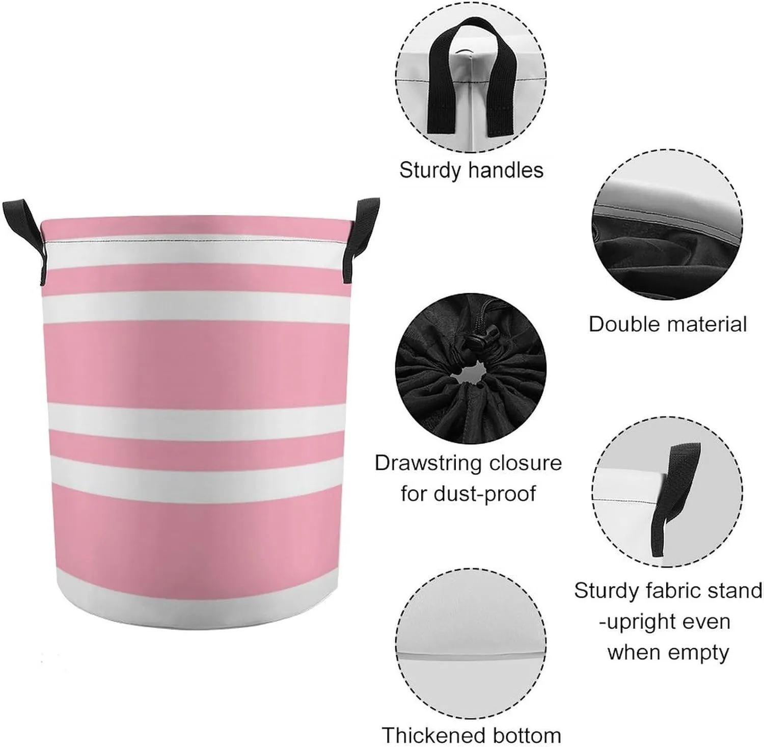 Large Laundry Hamper Bag, Rose Pink and White Stripes Collapsible Laundry Basket Waterproof Dirty Clothes Organizer Containers for College Dorms