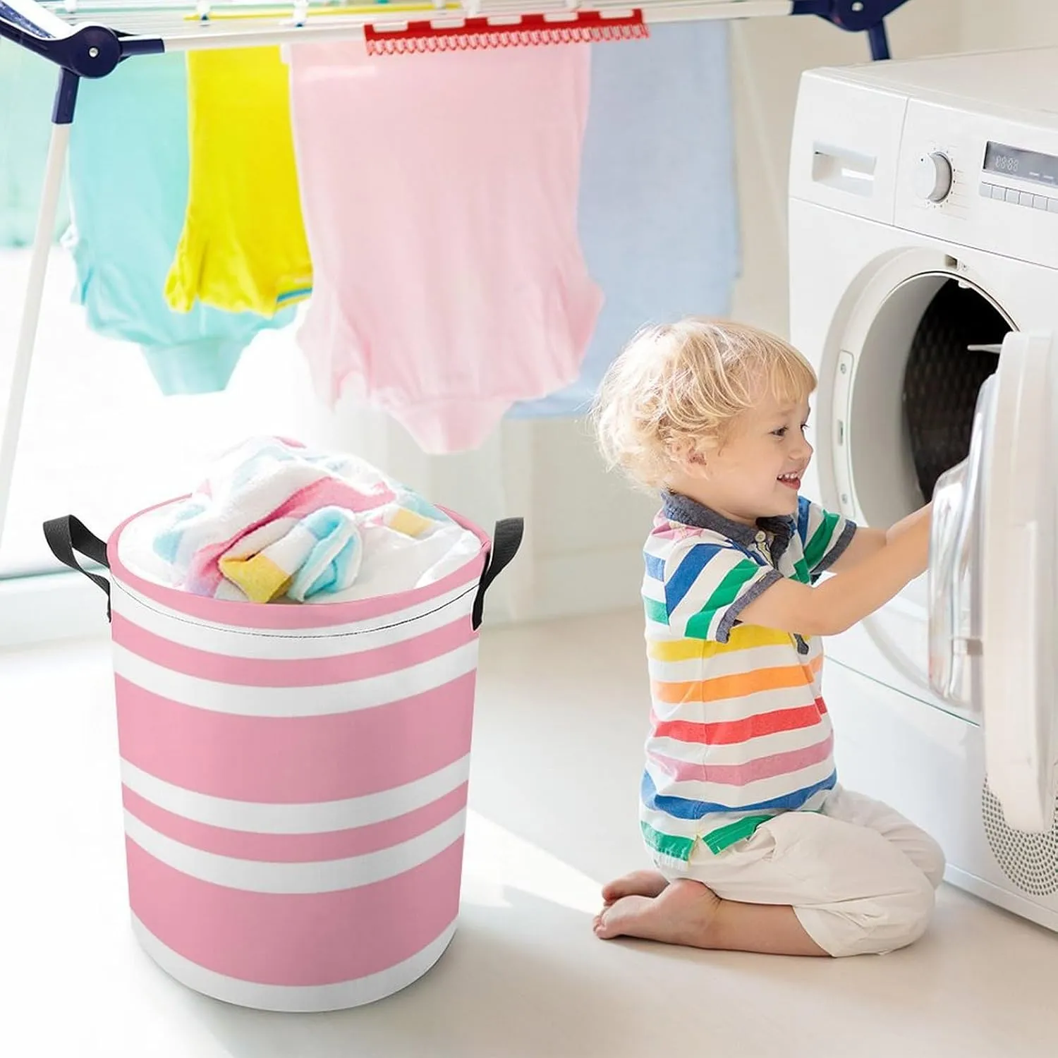 Large Laundry Hamper Bag, Rose Pink and White Stripes Collapsible Laundry Basket Waterproof Dirty Clothes Organizer Containers for College Dorms