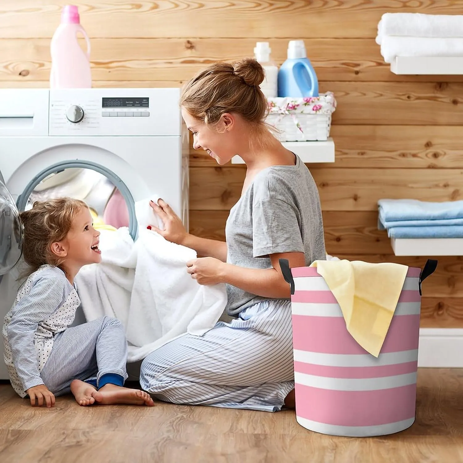 Large Laundry Hamper Bag, Rose Pink and White Stripes Collapsible Laundry Basket Waterproof Dirty Clothes Organizer Containers for College Dorms
