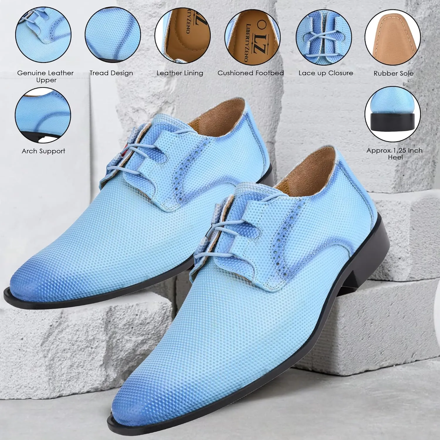 LIBERTYZENO Mens Plain & Animal Print Blue Genuine Leather Adults Lace Up Oxford Dress Shoes for Easter Gift