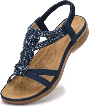 Littleplum Sandals Women Flat Dressy Sandal Summer Comfortable Slip-on Casual Beach Shoes Dress Bohemian Ankle Elastic Flats Sandals