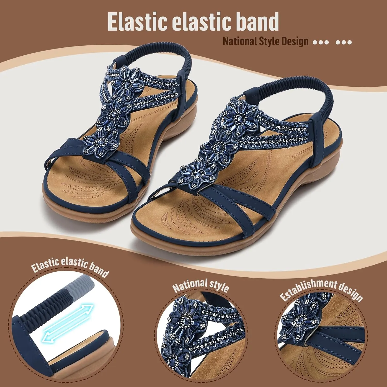 Littleplum Sandals Women Flat Dressy Sandal Summer Comfortable Slip-on Casual Beach Shoes Dress Bohemian Ankle Elastic Flats Sandals