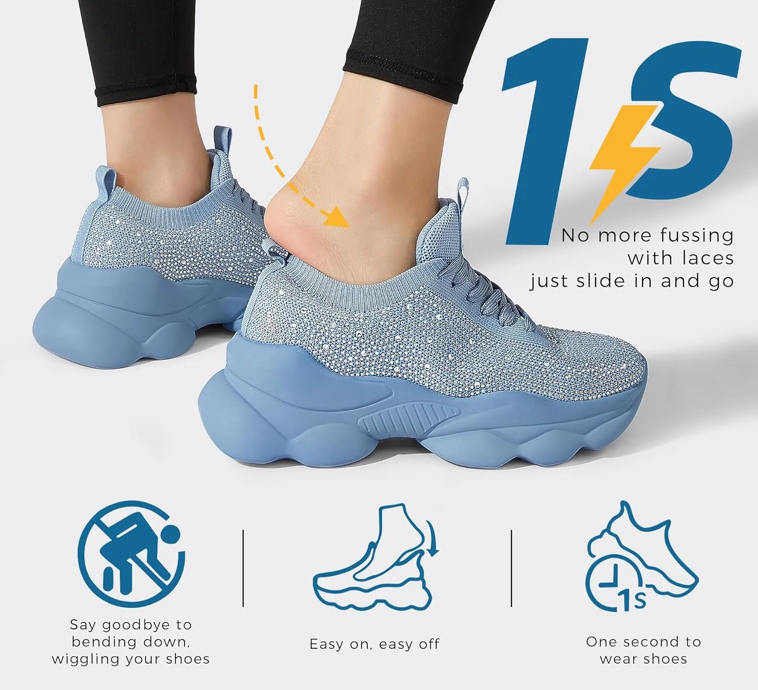 LUCKY STEP Women's Chunky Rhinestone Sneaker Sparkly Bling Bedazzled Mesh Slip on Elastic Sock Glitter Shiny Rave Walking Shoes