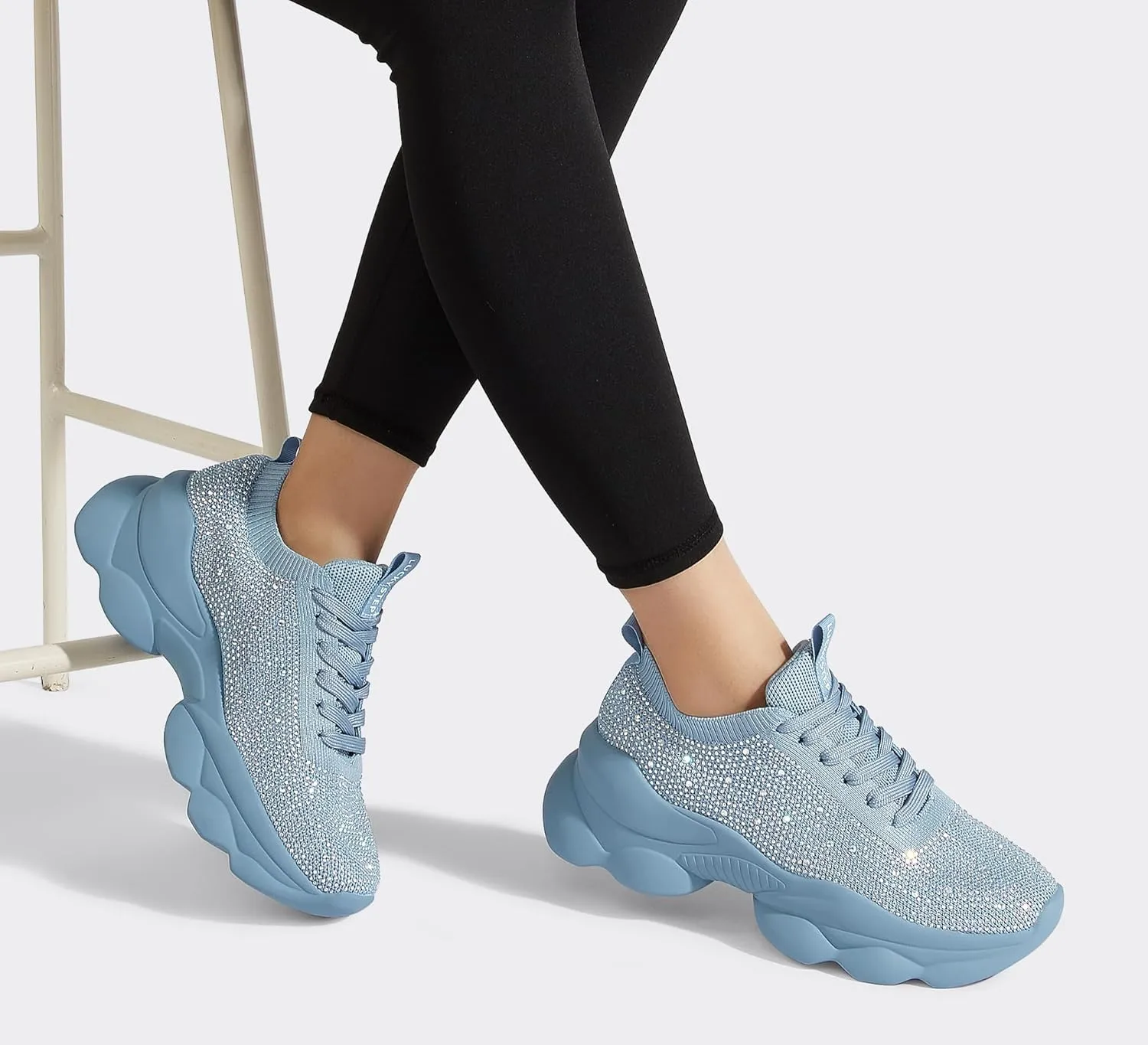 LUCKY STEP Women's Chunky Rhinestone Sneaker Sparkly Bling Bedazzled Mesh Slip on Elastic Sock Glitter Shiny Rave Walking Shoes
