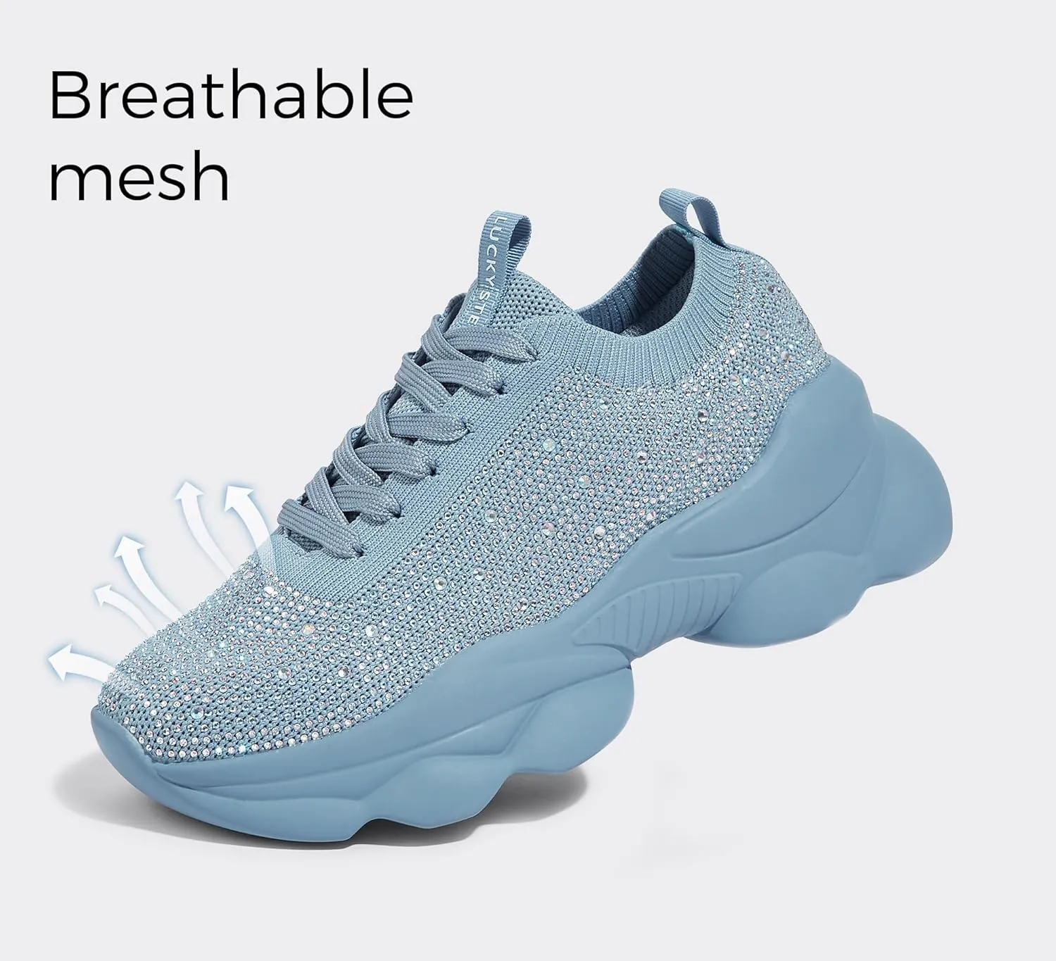 LUCKY STEP Women's Chunky Rhinestone Sneaker Sparkly Bling Bedazzled Mesh Slip on Elastic Sock Glitter Shiny Rave Walking Shoes