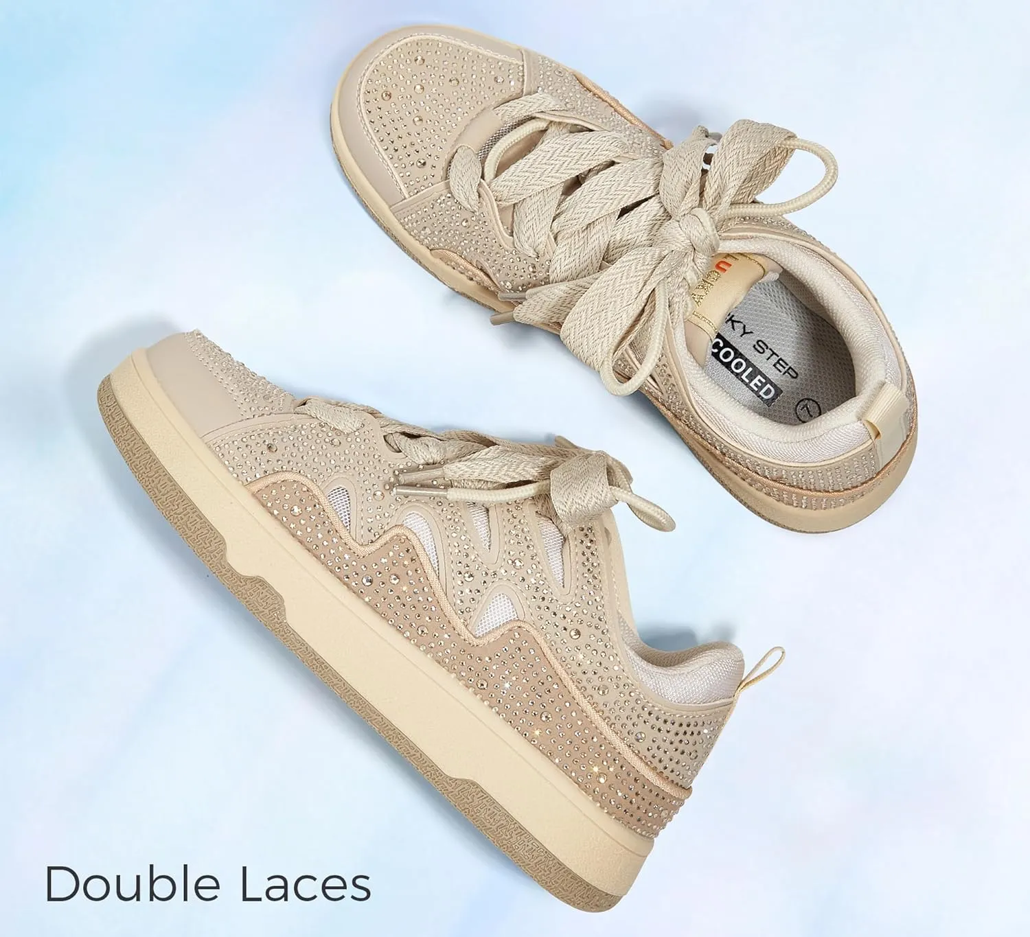 LUCKY STEP Women's Sparkle Rhinestone Fashion Sneakers Walking Tennis Bling Glitter Roaring Shoes Platform Lace up Casual Mesh Sneaker