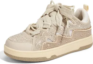 LUCKY STEP Women's Sparkle Rhinestone Fashion Sneakers Walking Tennis Bling Glitter Roaring Shoes Platform Lace up Casual Mesh Sneaker