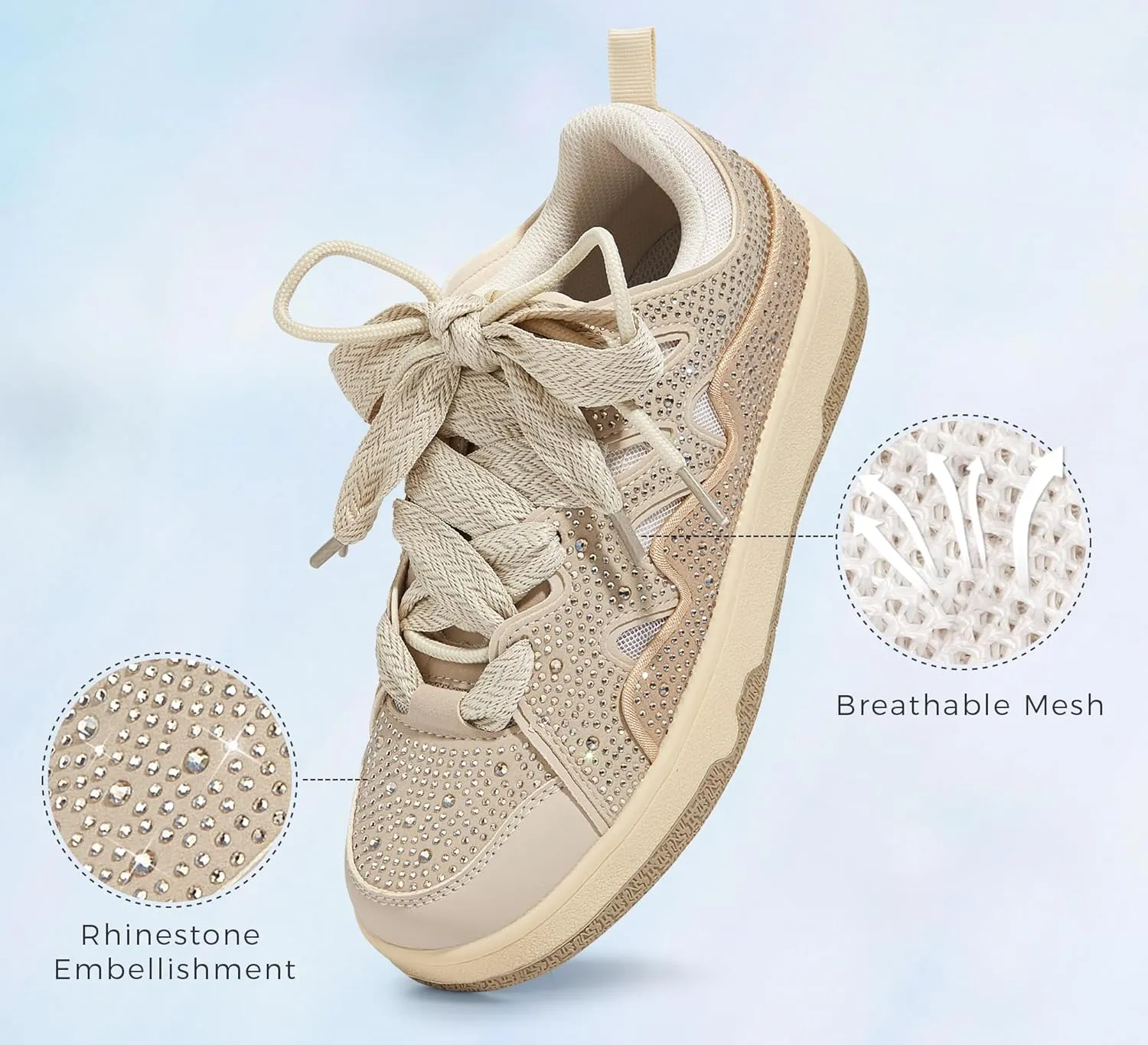 LUCKY STEP Women's Sparkle Rhinestone Fashion Sneakers Walking Tennis Bling Glitter Roaring Shoes Platform Lace up Casual Mesh Sneaker