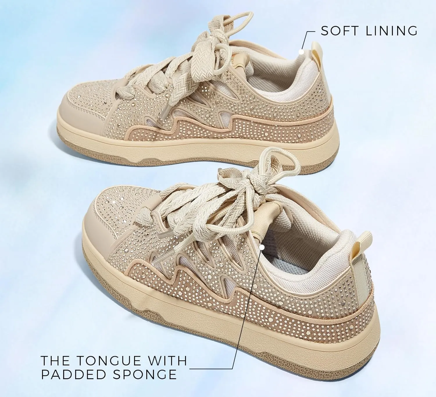LUCKY STEP Women's Sparkle Rhinestone Fashion Sneakers Walking Tennis Bling Glitter Roaring Shoes Platform Lace up Casual Mesh Sneaker