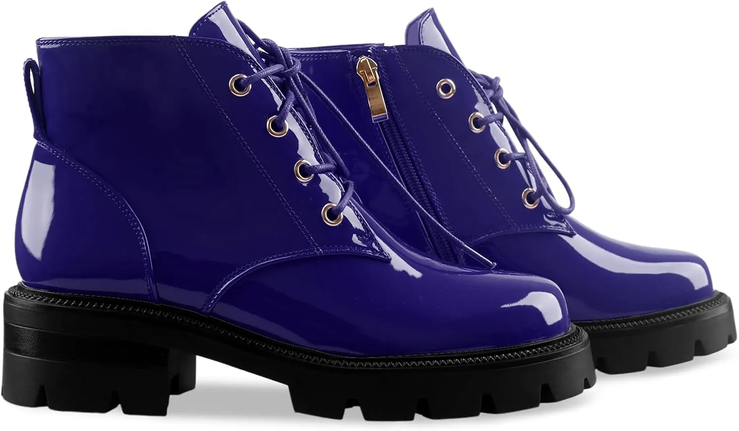 Lug Sole Chunky Heel Short Combat Boots Fashion Ankle Booties Low Heeled Platform Black Oxford Shoes with Side Zipper and Lace Up for Women Ladies Cute