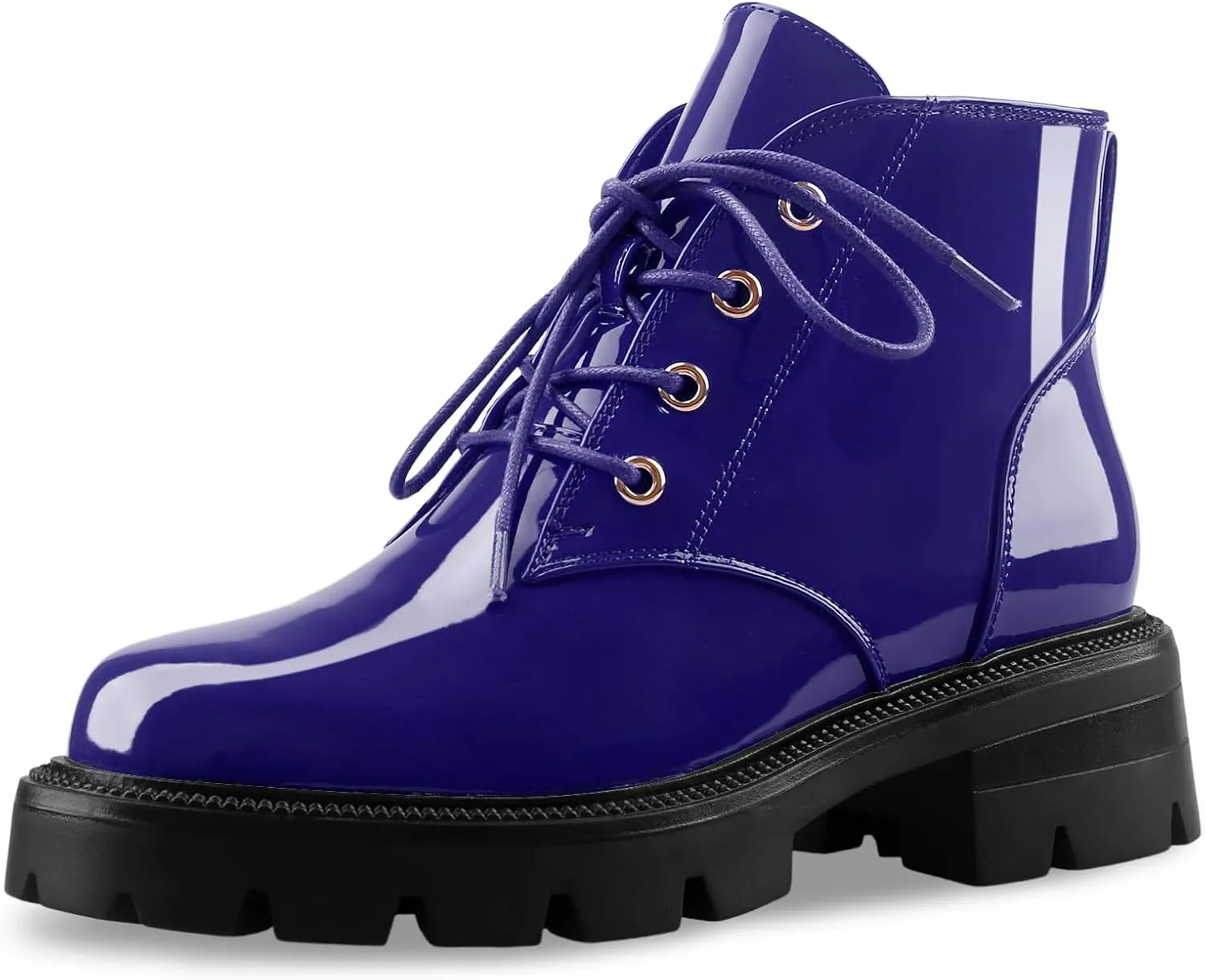 Lug Sole Chunky Heel Short Combat Boots Fashion Ankle Booties Low Heeled Platform Black Oxford Shoes with Side Zipper and Lace Up for Women Ladies Cute