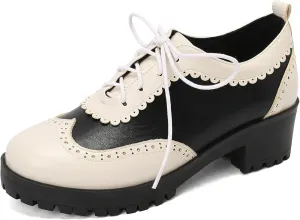 LUXMAX Woemn Lace Up Oxford Shoes Chunky Mid Heel Vintage Wingtip Saddle Shoes Platform Retro Comfortable Pumps