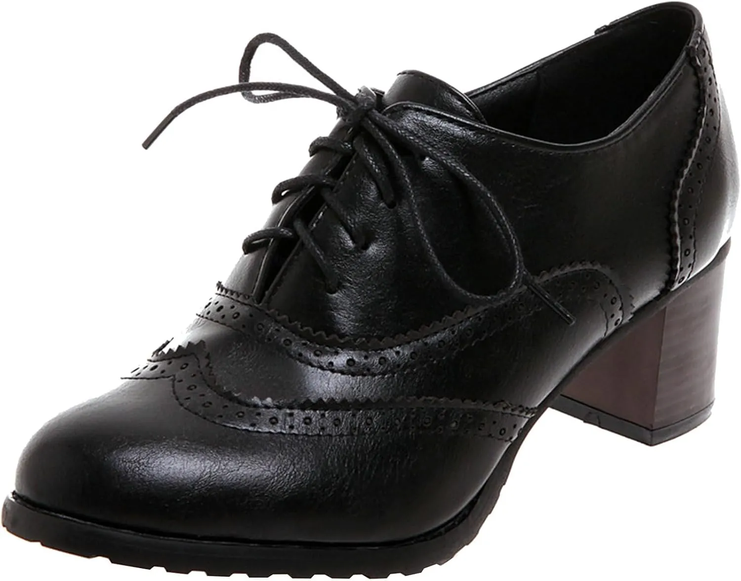 LUXMAX Womens Plaid Lace Up Wingtip Oxfords Brogues Shoes Stacked Block Heel Pumps