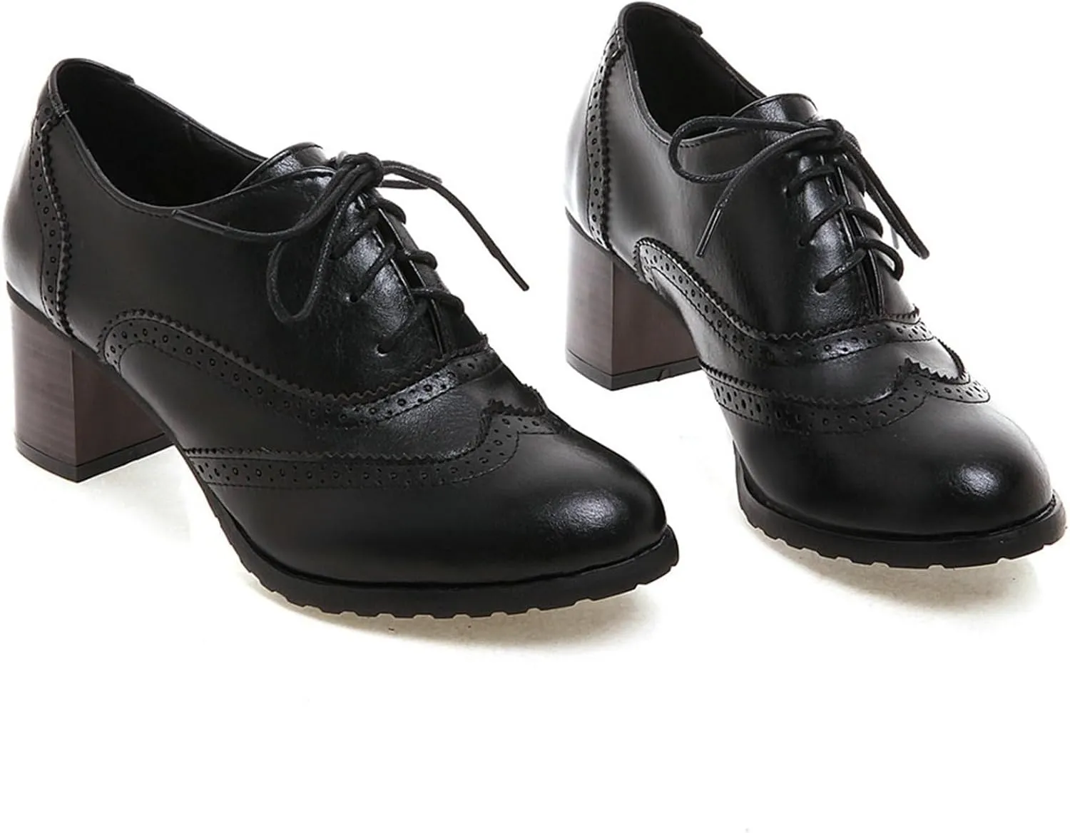 LUXMAX Womens Plaid Lace Up Wingtip Oxfords Brogues Shoes Stacked Block Heel Pumps