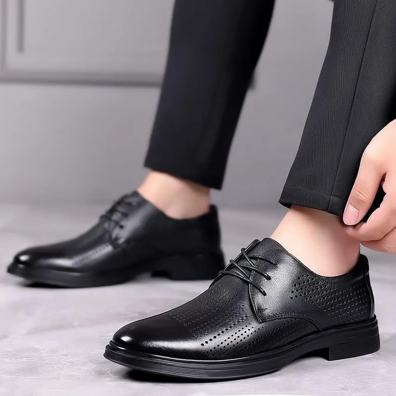 Men's Classic Lace Up Low Top Leather Dress Shoes Mesh Breathable Comfortable Walking Shoes