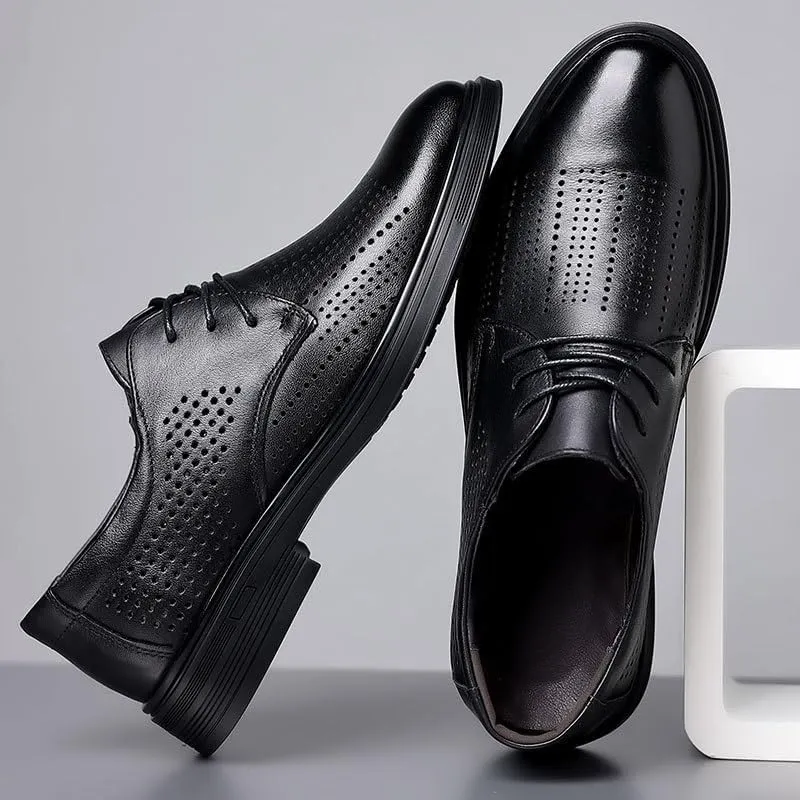 Men's Classic Lace Up Low Top Leather Dress Shoes Mesh Breathable Comfortable Walking Shoes