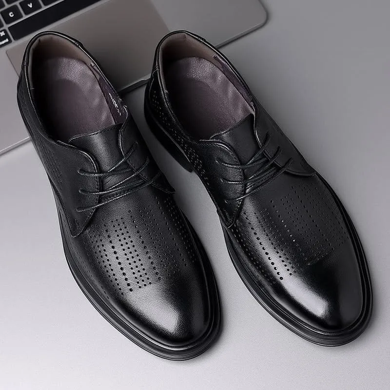 Men's Classic Lace Up Low Top Leather Dress Shoes Mesh Breathable Comfortable Walking Shoes