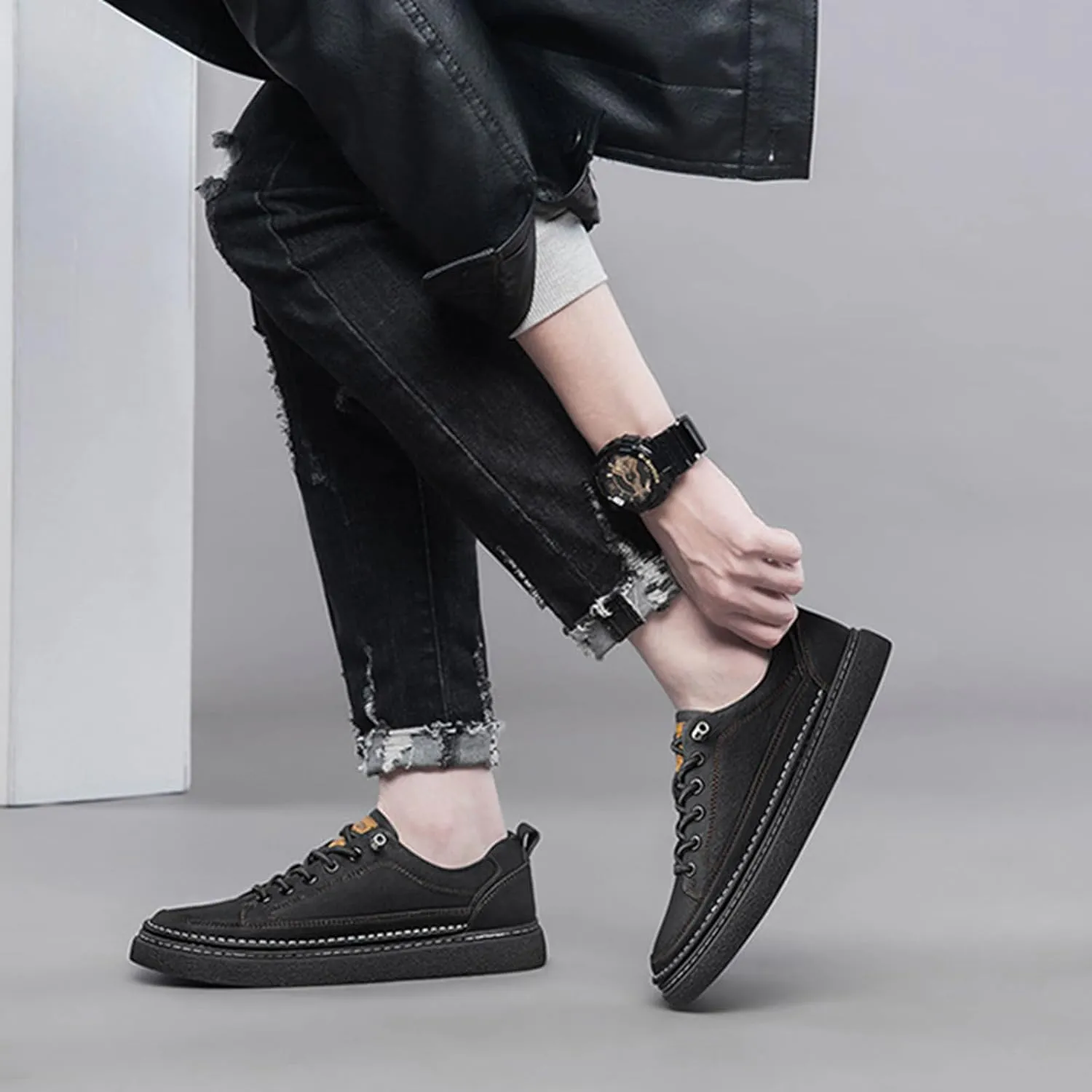 Men's Genuine Leather Fashion Sneakers Simple Handmade Low Top Round-Toe Elastic Lace Up Slip On Casual Shoes Comfortable Classic Tennis Shoes