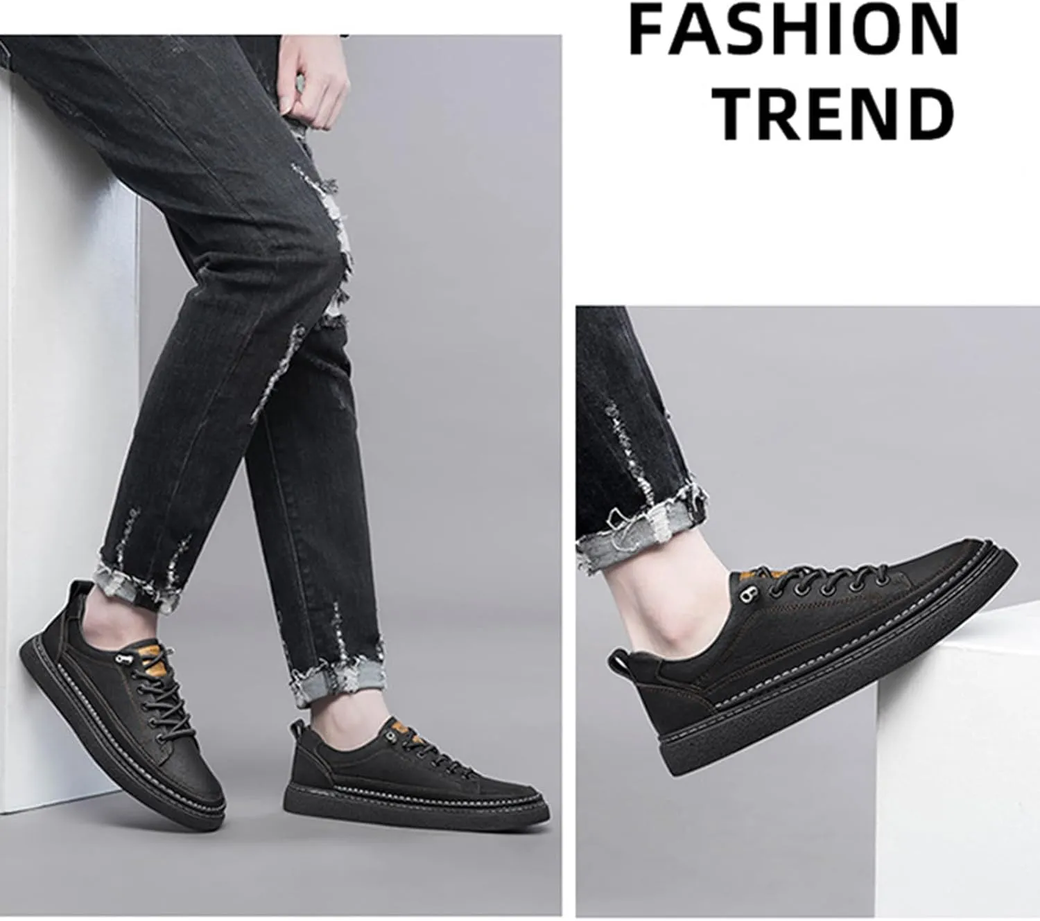 Men's Genuine Leather Fashion Sneakers Simple Handmade Low Top Round-Toe Elastic Lace Up Slip On Casual Shoes Comfortable Classic Tennis Shoes