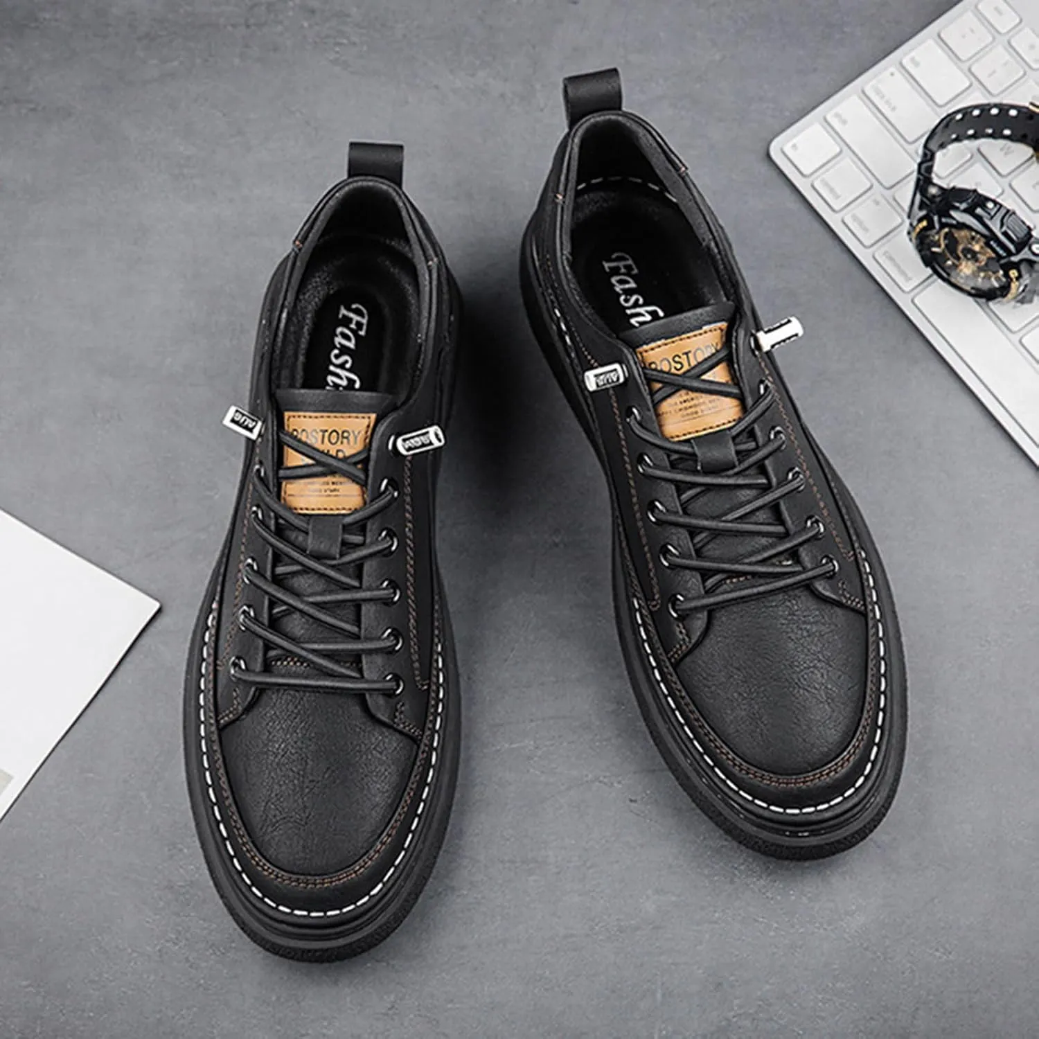 Men's Genuine Leather Fashion Sneakers Simple Handmade Low Top Round-Toe Elastic Lace Up Slip On Casual Shoes Comfortable Classic Tennis Shoes