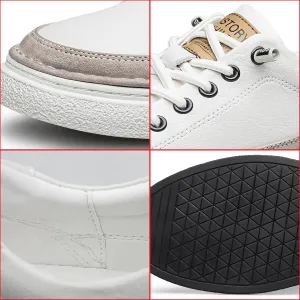 Men's Genuine Leather Fashion Sneakers Simple Handmade Low Top Round-Toe Elastic Lace Up Slip On Casual Shoes Comfortable Classic Tennis Shoes
