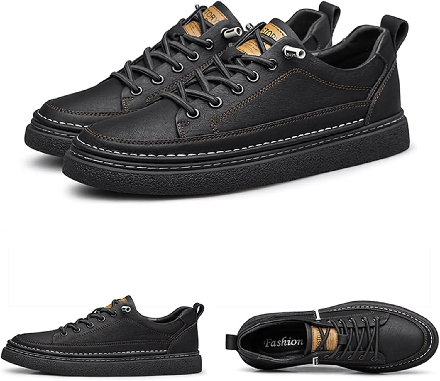 Men's Genuine Leather Fashion Sneakers Simple Handmade Low Top Round-Toe Elastic Lace Up Slip On Casual Shoes Comfortable Classic Tennis Shoes