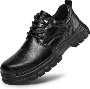 Men's Genuine Leather lace-up Platform Oxford Shoes Retro Round Toe Non-Slip Lug Sole Slip-on Dress Derby Shoes for Driving Office Leather Shoes