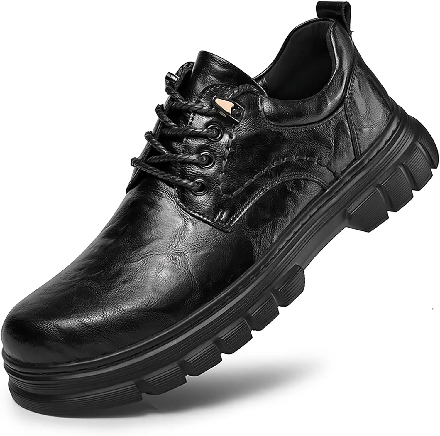 Men's Genuine Leather lace-up Platform Oxford Shoes Retro Round Toe Non-Slip Lug Sole Slip-on Dress Derby Shoes for Driving Office Leather Shoes