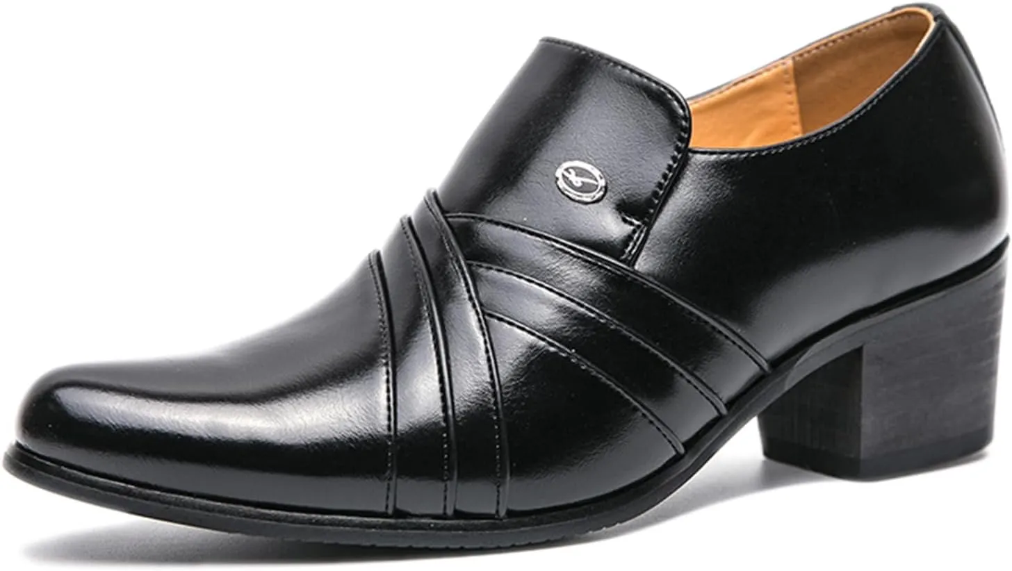 Men's Leather Pointed Toe Block Heels Slip-on Oxford Shoes Comfort Medium Chunky Heels Retro Low Top Dress Prom Shoes for Wedding Business Work Dating
