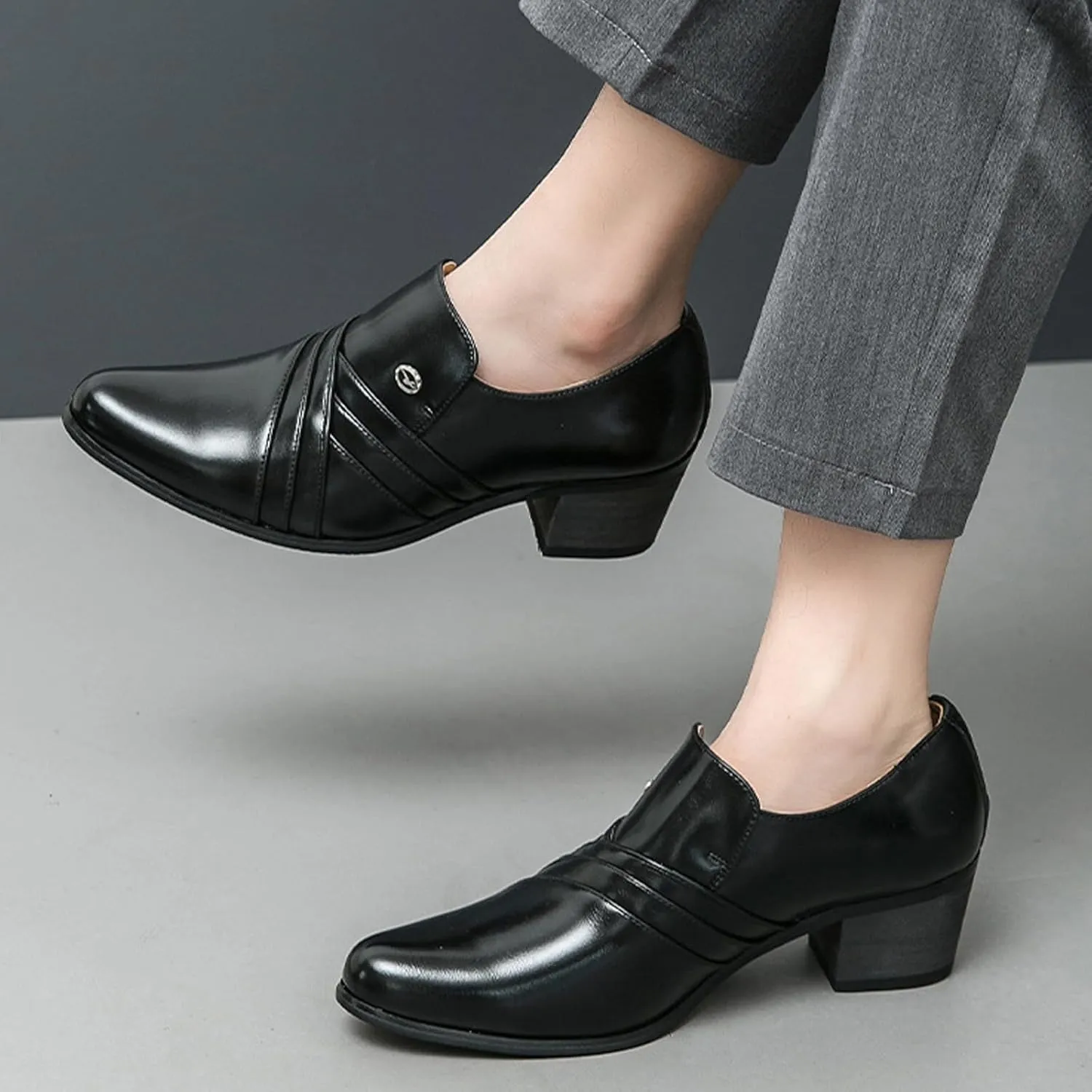 Men's Leather Pointed Toe Block Heels Slip-on Oxford Shoes Comfort Medium Chunky Heels Retro Low Top Dress Prom Shoes for Wedding Business Work Dating