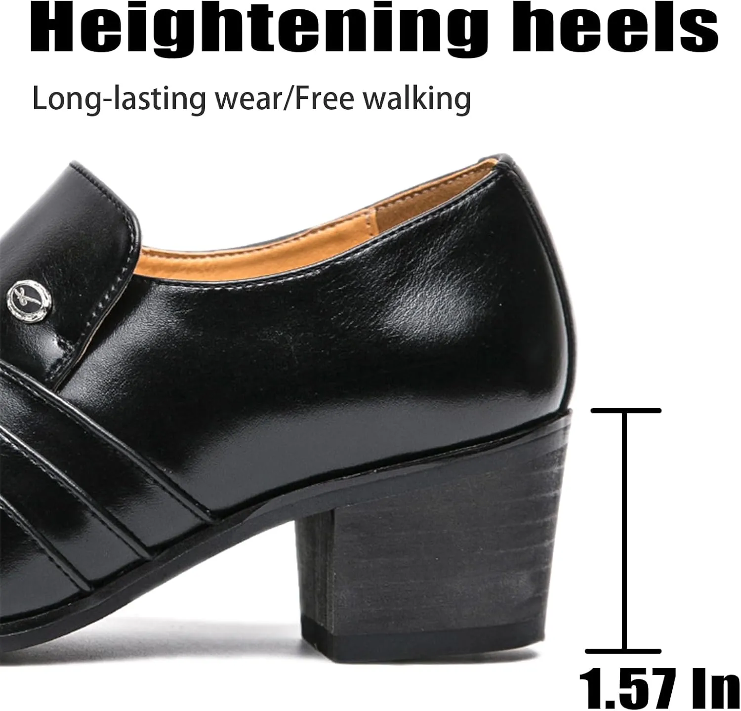 Men's Leather Pointed Toe Block Heels Slip-on Oxford Shoes Comfort Medium Chunky Heels Retro Low Top Dress Prom Shoes for Wedding Business Work Dating