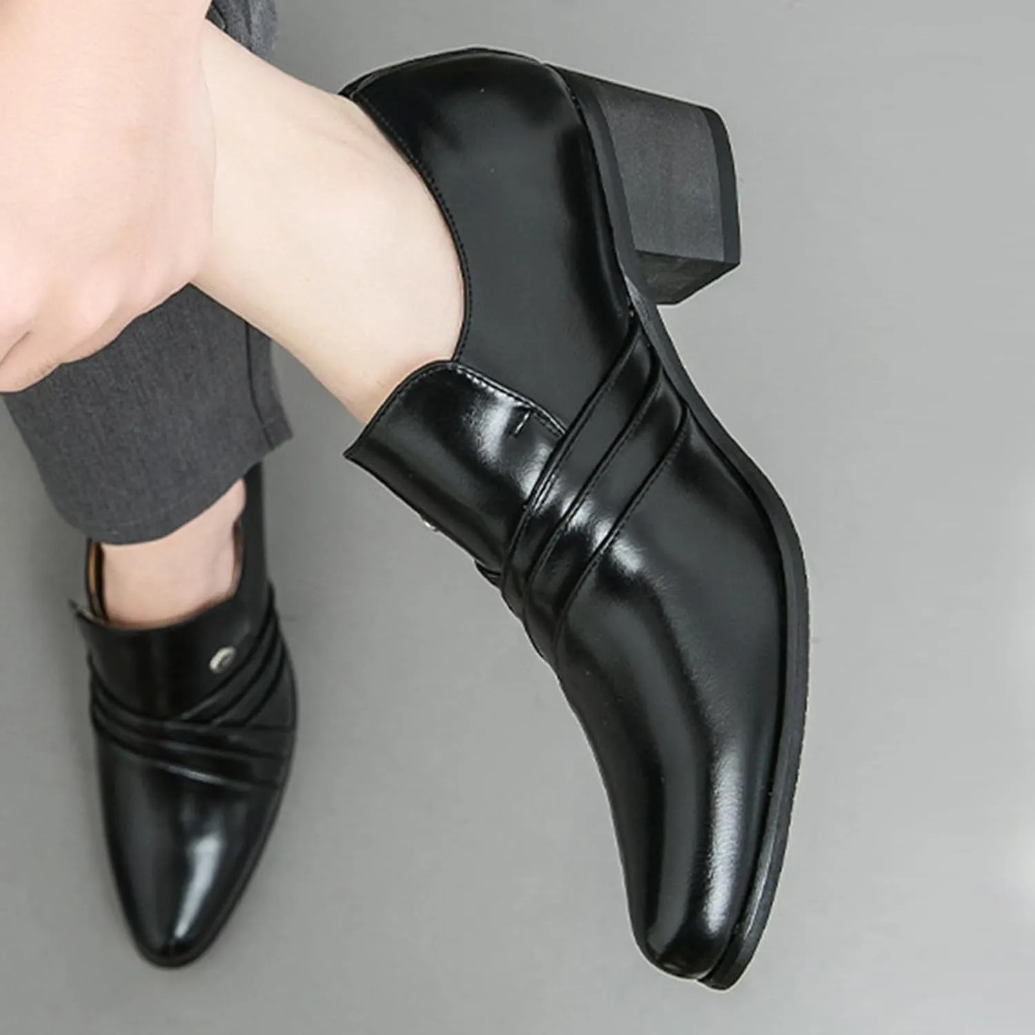 Men's Leather Pointed Toe Block Heels Slip-on Oxford Shoes Comfort Medium Chunky Heels Retro Low Top Dress Prom Shoes for Wedding Business Work Dating