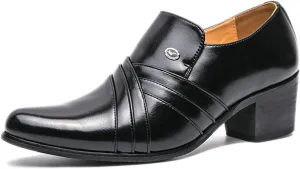 Men's Leather Pointed Toe Block Heels Slip-on Oxford Shoes Comfort Medium Chunky Heels Retro Low Top Dress Prom Shoes for Wedding Business Work Dating