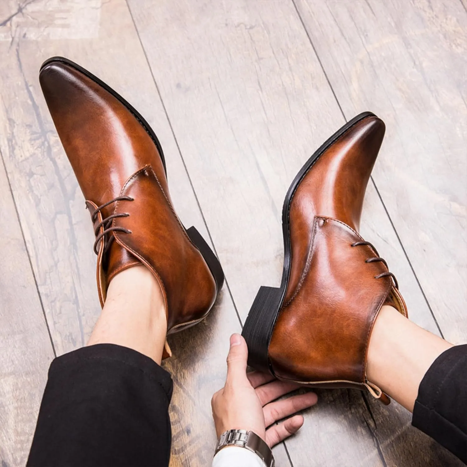 Men's Leather Pointed Toel Lace up retro Oxford Chelsea Boots Fashion Mid Top Comfort Non-Slip Chunky Heel Dress chukka Ankle Booties For causal Work Business Wedding Formal