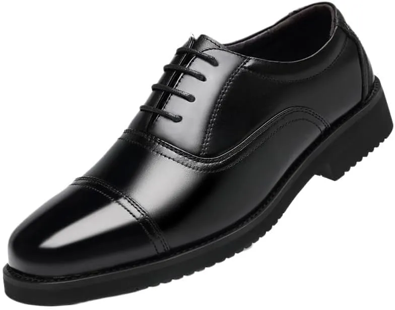 Men’s Oxford Dress Shoes, Genuine Leather Black Cap Toe Lace-Up Formal Business Shoes with Monk Strap Style Slip Resistant Platform for Wedding Office