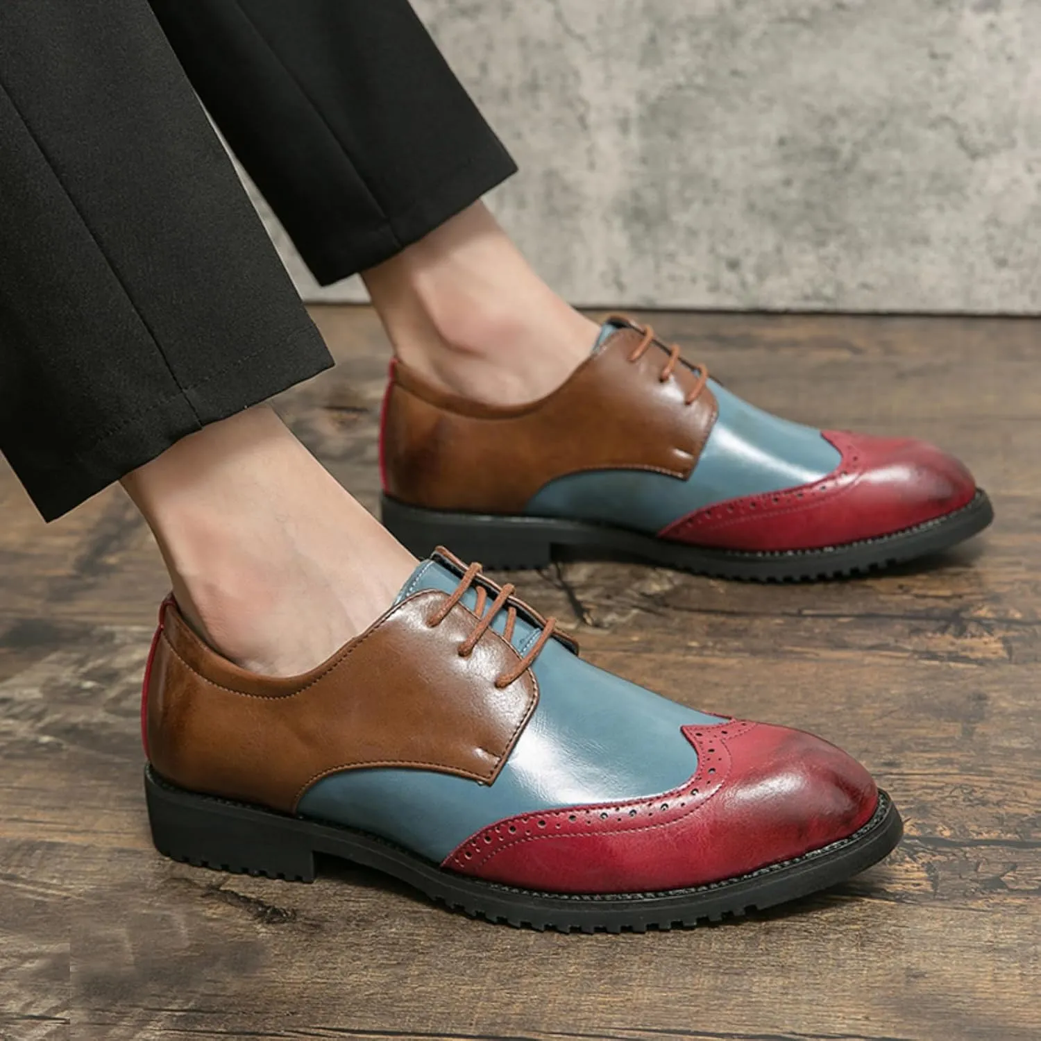 Mens Retro Brogue Multicolor Leather Dress Oxfords Shoes Low Top Non-Slip Pointed Toe Casual Wingtip Derby Shoes for Formal Business Wedding