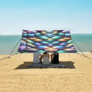Mermaid Scales Beach Canopy Tent Anti-UV & Wind Resistant, Watercolor Camping Sun Shelter Easy Setup Portable,Outdoor Shade Tents with Sandbags,Sand Shovels,Ground Pegs & Stability Poles