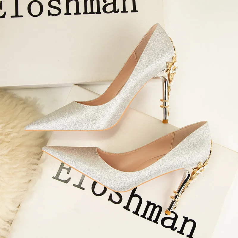 Metal Flower Pointed High Heels Wedding Shoes
