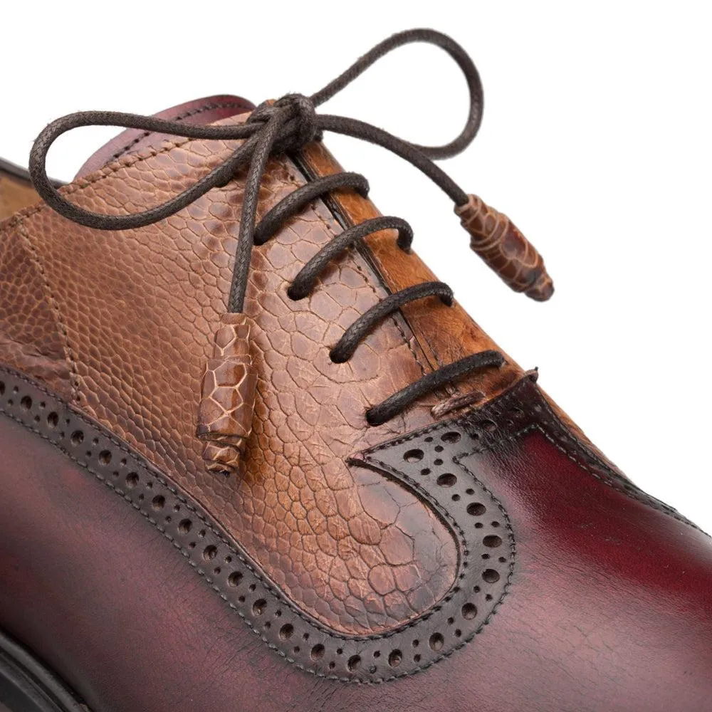 Mezlan SX4868-P Men's Shoes Burgundy & Camel Exotic Ostrich / Calf-Skin Leather Oxford (MZS3509)